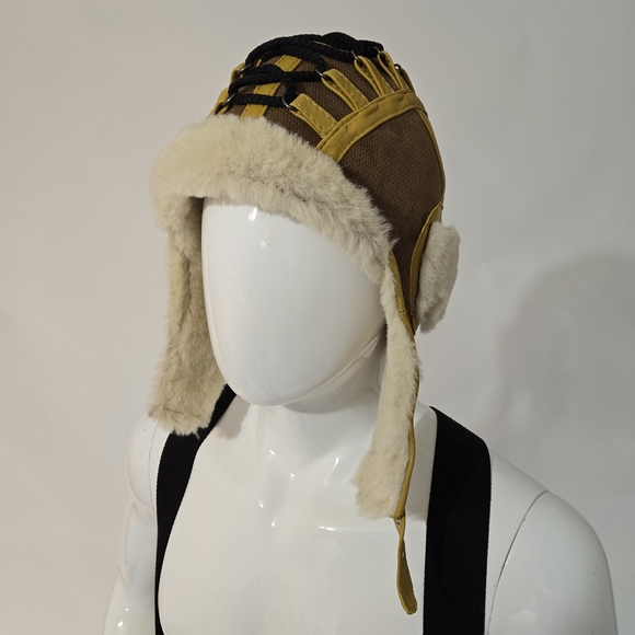 Brown and Yellow Aviator Hat with Fur Trim - Picture 6 of 6